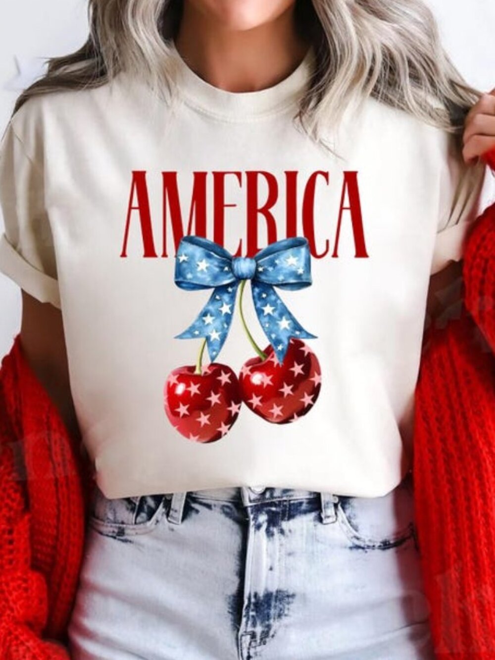 America Cherry Shirt - 4th of July Graphic Tee, Patriotic Bow T-Shirt